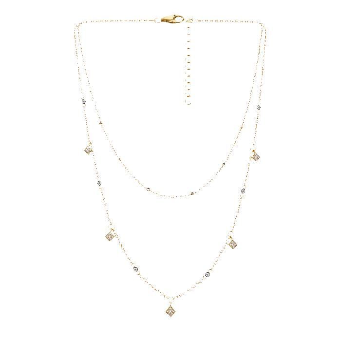 Collana da donna a più fili, placcata in oro 18 carati, doppia catena, pietre di zirconi cubici, 38-45 cm + 5 cm, gioiello con punzone, lussuoso ed elegante