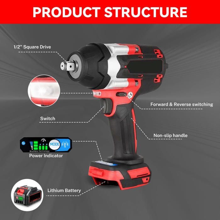 Avvitatore a impulsi professionale a batteria da 1500 W, 1800 Nm, motore brushless, 3 velocità + LED, per bulloni M10-M24, ideale per cantieri e officine.