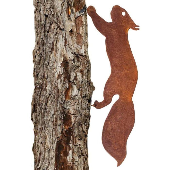 Adorno de jardín de ardilla de metal - MICH - 42 cm - Pátina de óxido natural - Fácil de montar - Para árbol