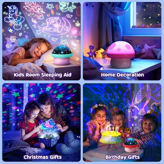 Veilleuse champignon pour enfant ATOPDREAM,Etoiles + licornes + sirènes interchangeables,Rotation à 360°,minuteur,Rouge