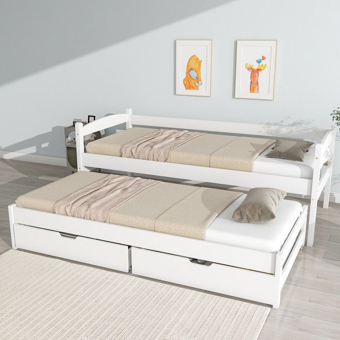 Letto estraibile per bambini con contenitore, 2 posti - Con 2 cassetti - Struttura in legno massello - Bianco
