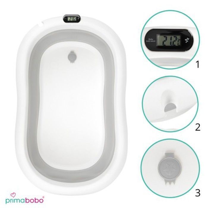 Vaschetta da bagno pieghevole Primabobo Premium per neonati, 79 cm, grigia, con cuscino e supporto, e termometro.