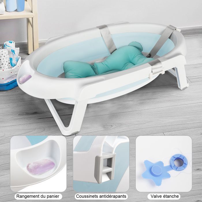 Bañera para bebé MIPAN con soporte - Bañera ergonómica para bebé - Con cojín - Drenaje integrado - 63*60*84,5 cm - Azul