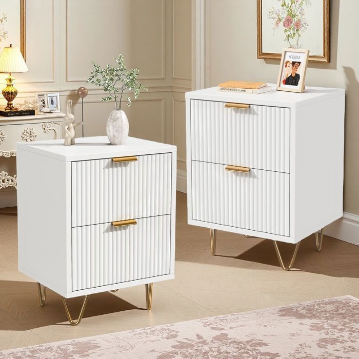 Lot de 2 Tables de Chevet, Tables d'appoint avec 2 tiroirs, Moderne Blanc Table de Nuit avec Pieds dorés, Blanc
