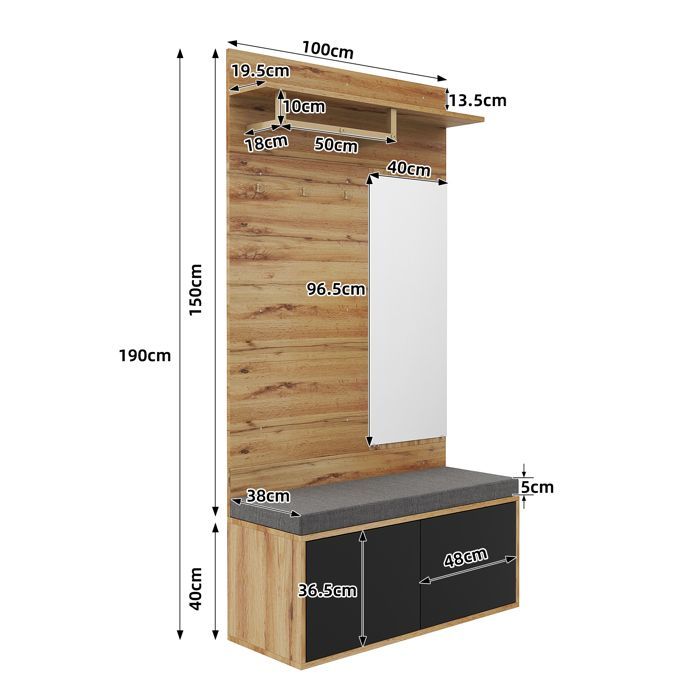 Mueble de recibidor de madera de 100x38x190 cm con perchero, espejo, banco tapizado, zapatero y estantes - Negro+Natural