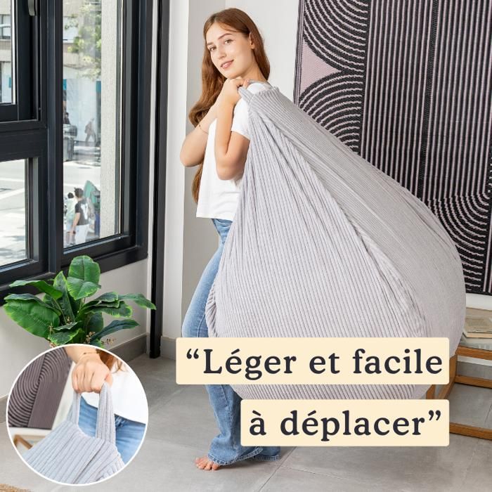 Pouf Poire Velours Côtelé déhoussable - 105x85 cm - Bananair - Gris clair Fabriqué en France