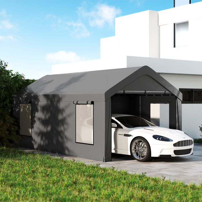 Carport tente de garage - Outsunny - 3 x 6 m - parois latérales amovibles, 2 portes enroulables et 4 fenêtres - gris foncé
