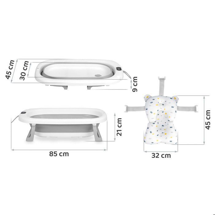Baignoire pliable bébé - RICOKIDS - Thermomètre intégré - Insert nouveau-né - Blanc et gris - Pliable et légère