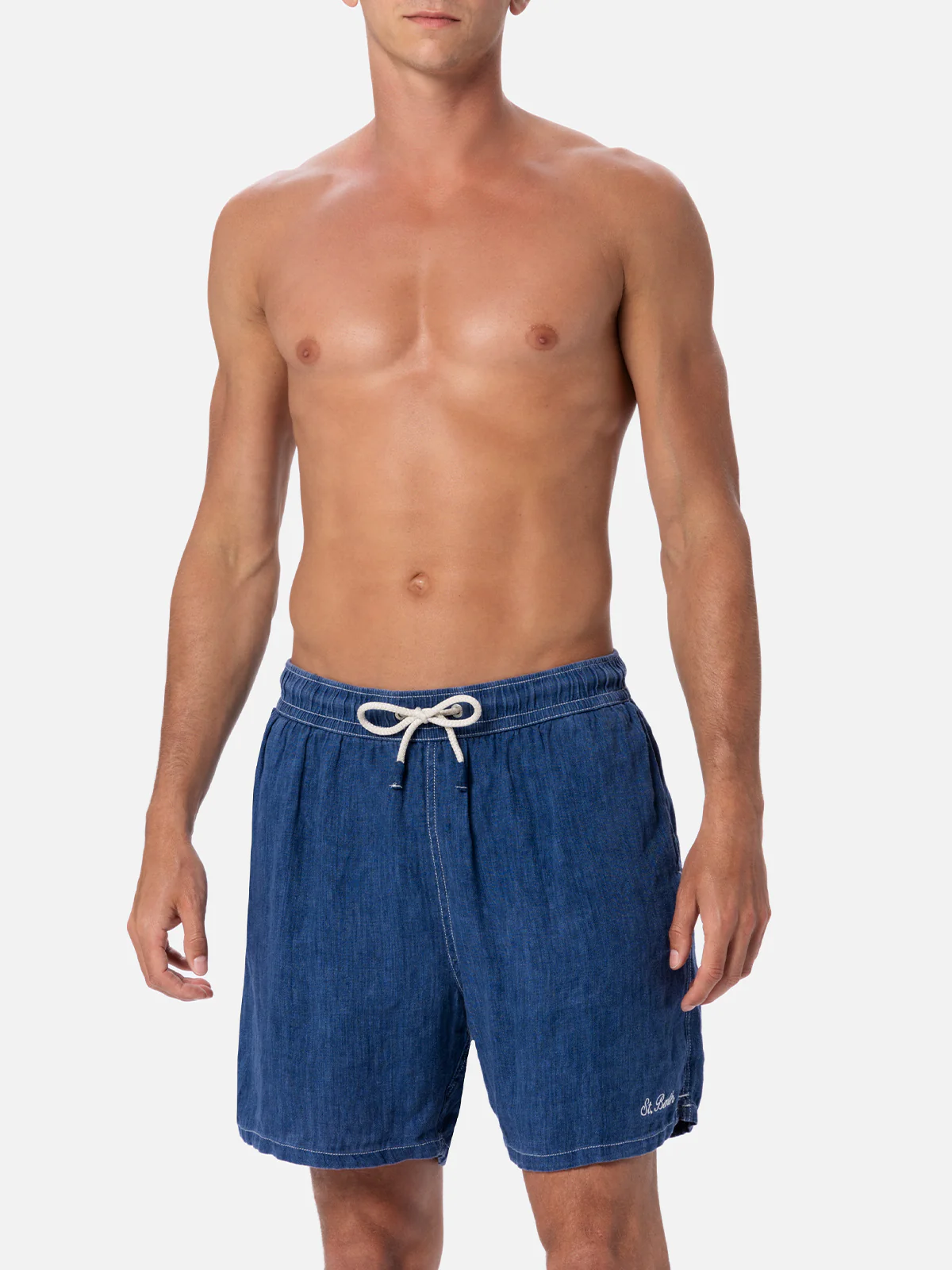 Gustavia Heren Mid-Length Zwempak van Blauw Denim Linnen