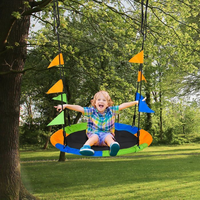 Vogelnestschaukel – Outsunny – Runder Korb Ø 100 cm, 2 Ringe, Fähnchen – Metall, PP – Mehrfarbig
