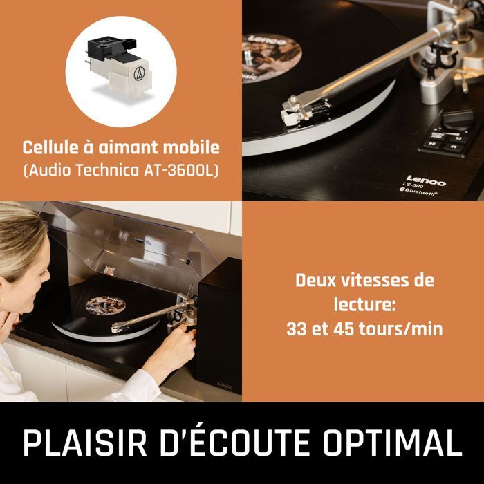 Lenco LS-500BK - Giradischi con amplificatore integrato, Bluetooth® e due altoparlanti esterni - Nero
