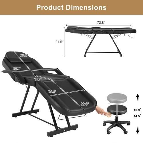 Table de massage Cadre en fer - Poids max supporté 150kg - jambe et dossier réglable avec Tabouret - 186 x 82 x 70cm Noir