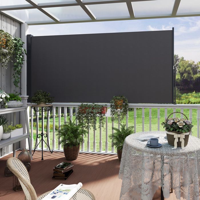 Toldo lateral Outsunny retráctil de 3 x 1,4 m con estructura de aluminio y tejido de poliéster de alta densidad (180 g/m²) resistente a los rayos UV, color gris oscuro.