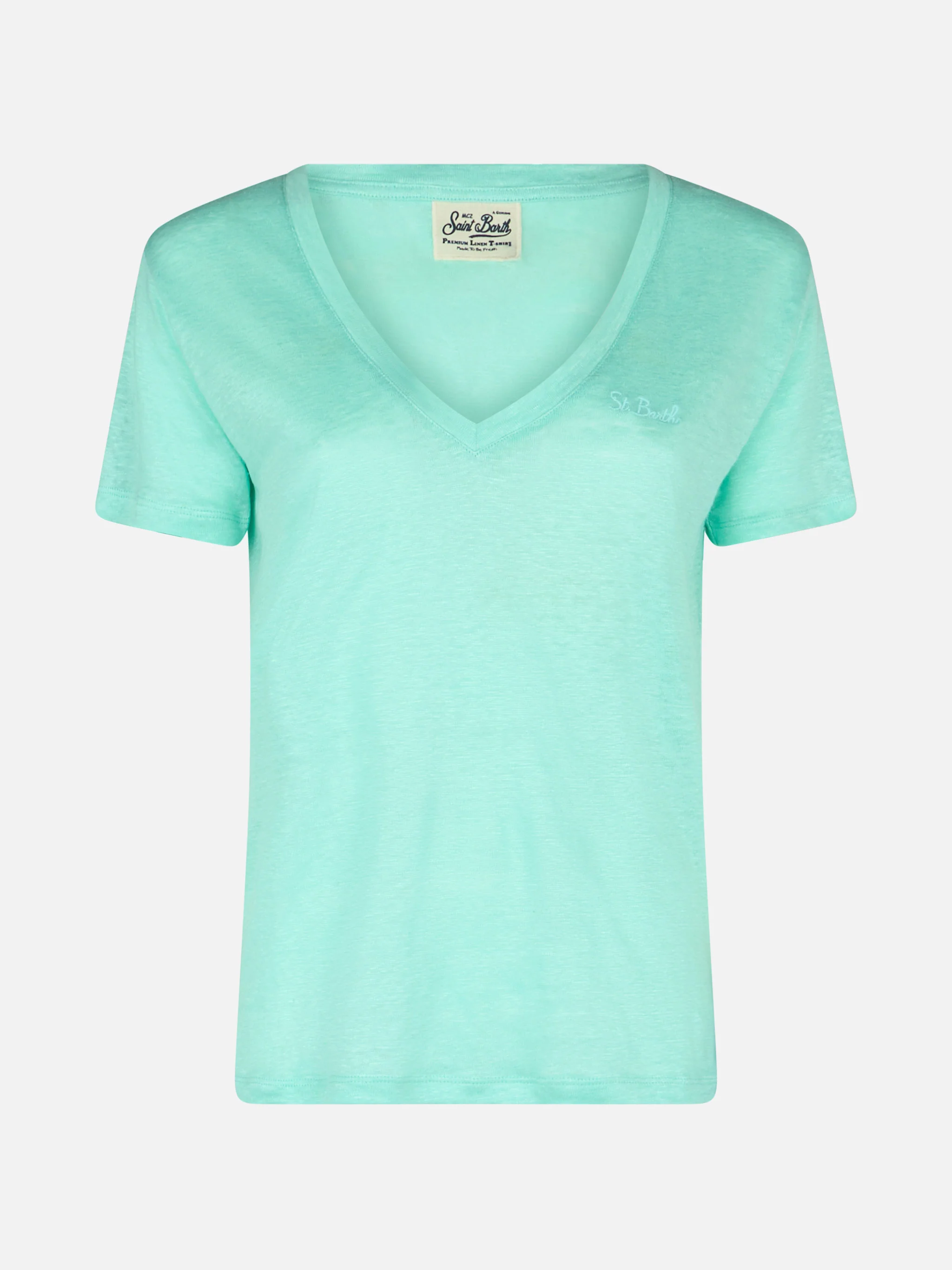 Eloise T-shirt met V-hals in saliegroene linnenjersey