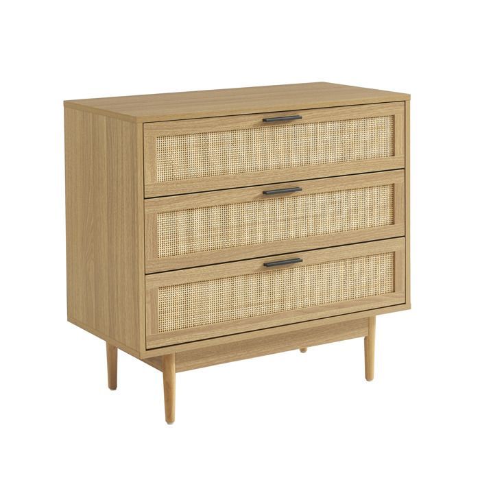 Cómoda AMANA con efecto roble y ratán, 3 cajones, 80 cm - Madera