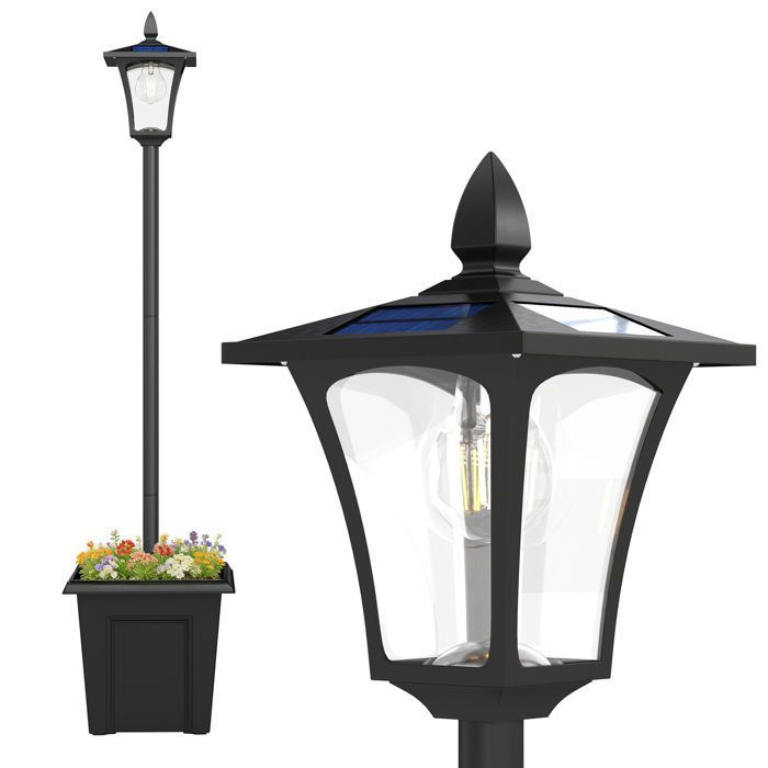 Lampada solare da terra per esterni Outsunny - Luce LED impermeabile - con fioriera - Alluminio - 160 cm - Nera