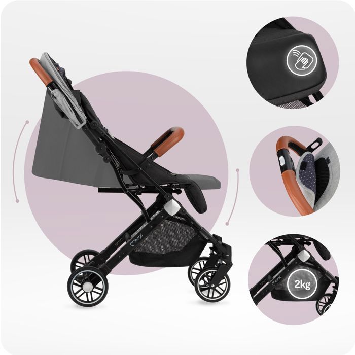 MoMi ESTELLE – Poussette Bébé Ultra Compacte – Légère 7,7 kg – Pliage à Une Main – Guidon Valise –  Gris