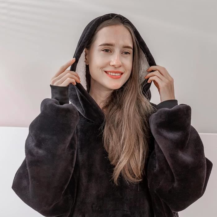 Jersey de manga larga a cuadros con capucha y bolsillo, sudadera con capucha de felpa cálida con bolsillo, 80x110cm, negro