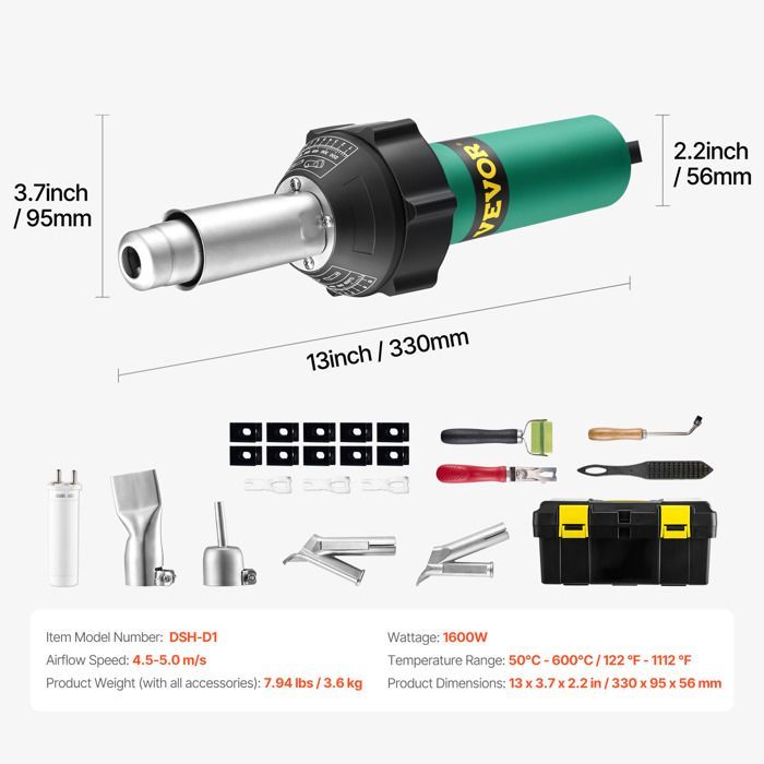 Soldadora de plástico de aire caliente VEVOR de 1600 W - Pistola de calor para PVC de 50 °C a 600 °C, kit de soldadura para techos de plástico