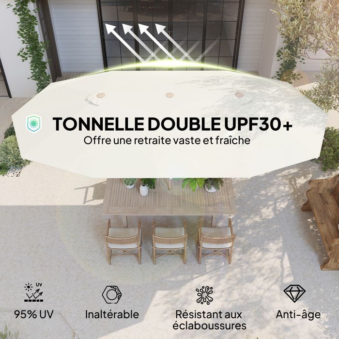 Sombrilla doble de jardín - Outsunny - 455 x 265 cm - rectangular, con manivela, poliéster de 180 g/m² - protección solar UPF30+ - beige
