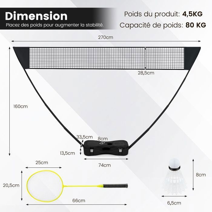 Juego de red portátil de bádminton COSTWAY - 2 raquetas, 2 volantes - 270 x 33,5 x 160 cm - Estuche de almacenamiento - Tubos metálicos - Negro