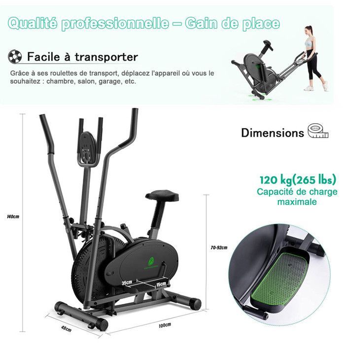 Bicicleta elíptica 2 en 1 para uso doméstico. Resistencia de 180°, peso máximo 120 kg. Pantalla LCD, tamaño compacto ideal para familias y apartamentos, color negro.
