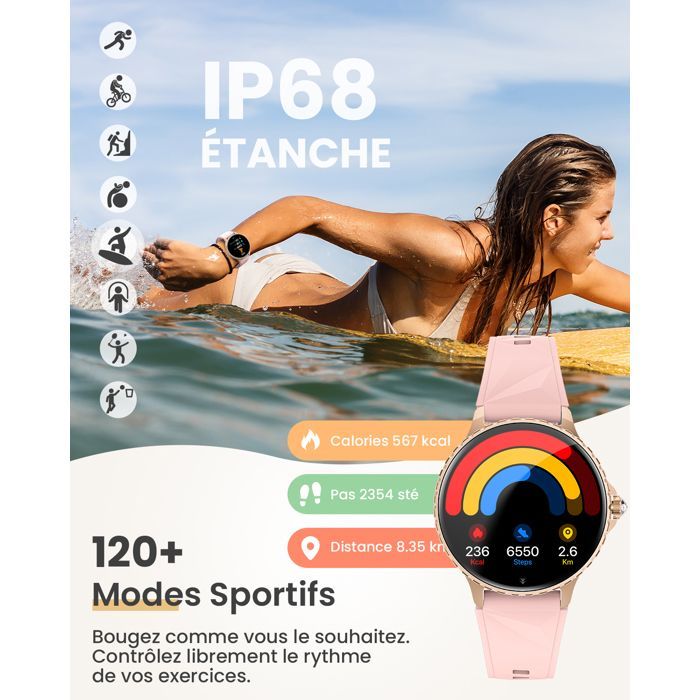 Reloj inteligente AIMIUVEI para mujer - Pantalla HD de 1,27'' - Llamadas - Resistencia al agua IP68 - Más de 120 modos deportivos