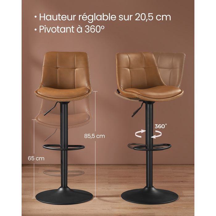 VASAGLE Tabourets de Bar, Lot de 4, Siège Pivotant à Hauteur Réglable, Matelassé, en PU, avec Dossier et Repose-Pieds, Acier, Marron