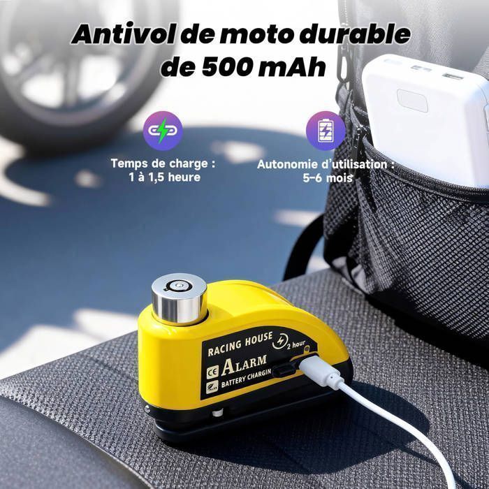 Motorcycle Disc Lock with 110dB Alarm, Reinforced, Waterproof, 1.2m Reminder Cable, 2 Security Keys, 7mm Universal for Motorcycles, Scooters, and Bicycles