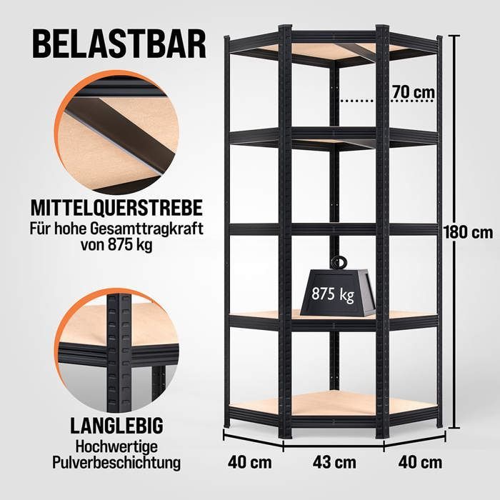 Estantería MONZANA® de alta resistencia, 180x70x40cm, color negro, con 5 baldas, capacidad máxima de 875 kg, de acero.
