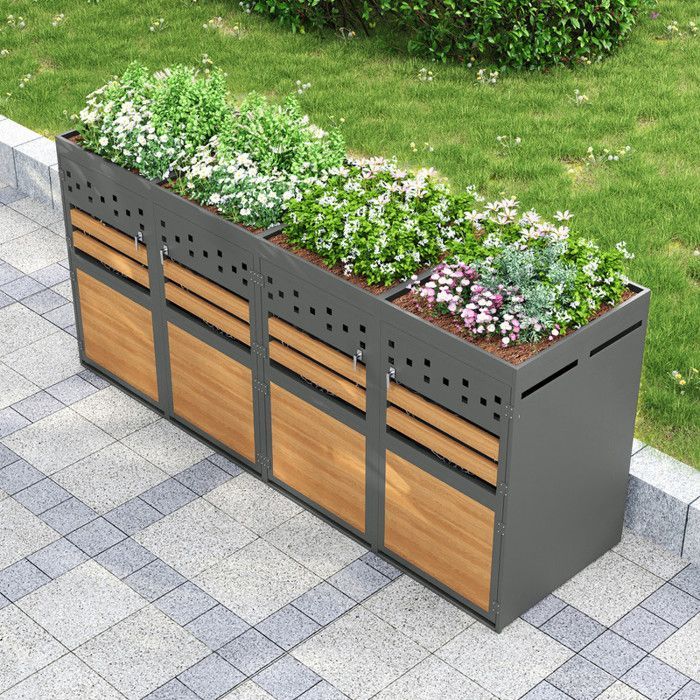 Contenitore esterno per bidoni della spazzatura - 4x120-240L - Acciaio zincato - Tetto piantumabile - Antiruggine