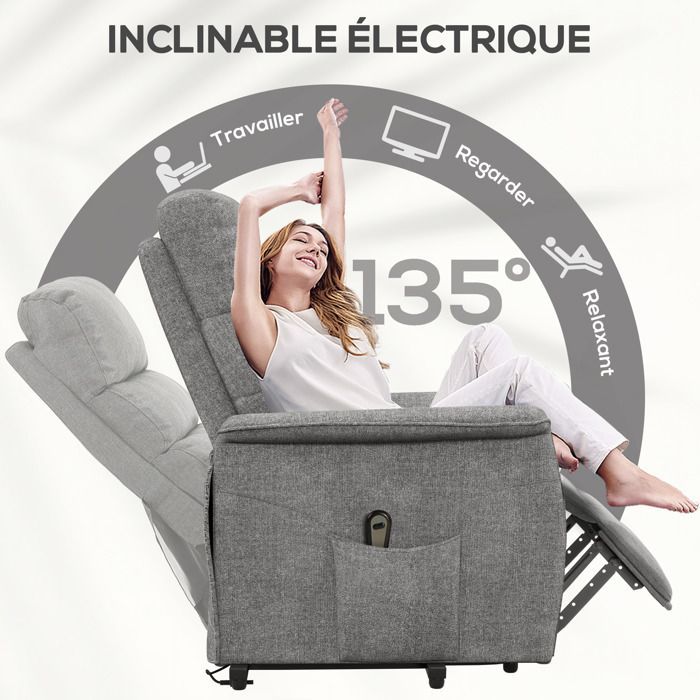 Sillón elevador eléctrico - HOMCOM - reposapiés - respaldo reclinable - mando a distancia con funda - gris