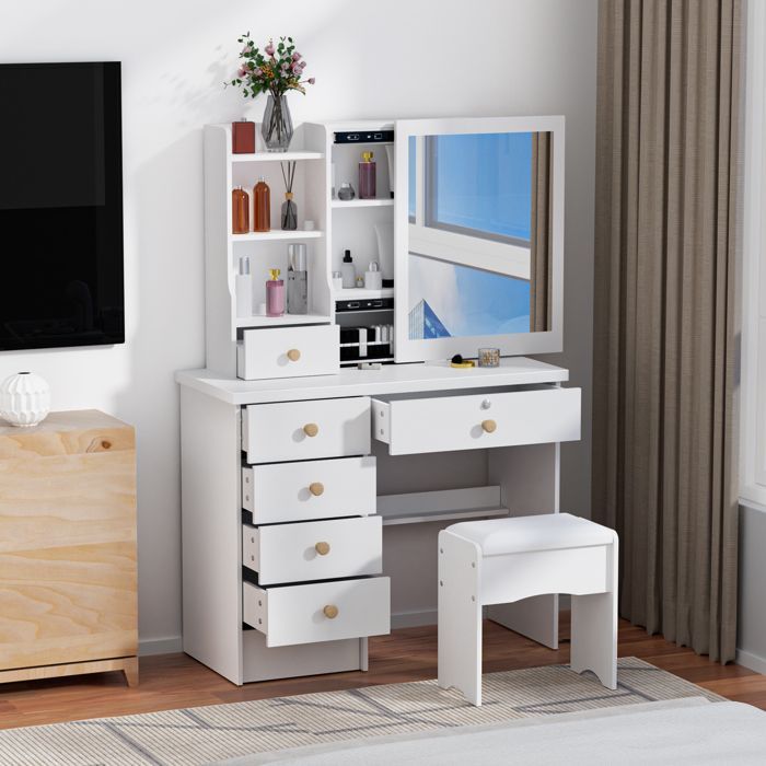 Schminktisch mit Spiegel und Hocker, 6 Schubladen, weiß, 80 (L) x 37 (B) x 122 (H) cm