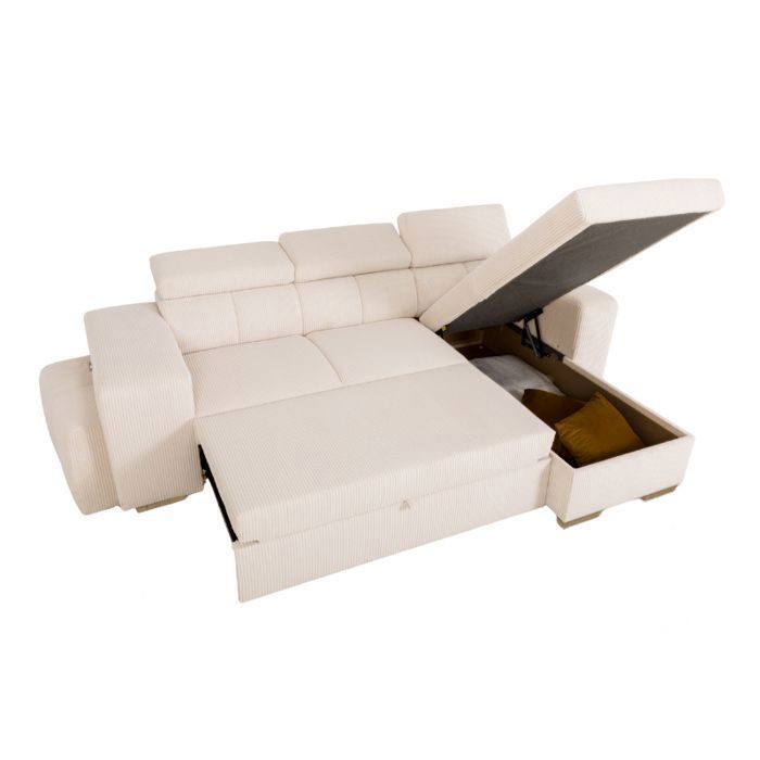 Sofá cama esquinero reversible SIRIUS, blanco PERLE (pana) - Talla M - 4/5 plazas - 251 x 165 x 94 cm