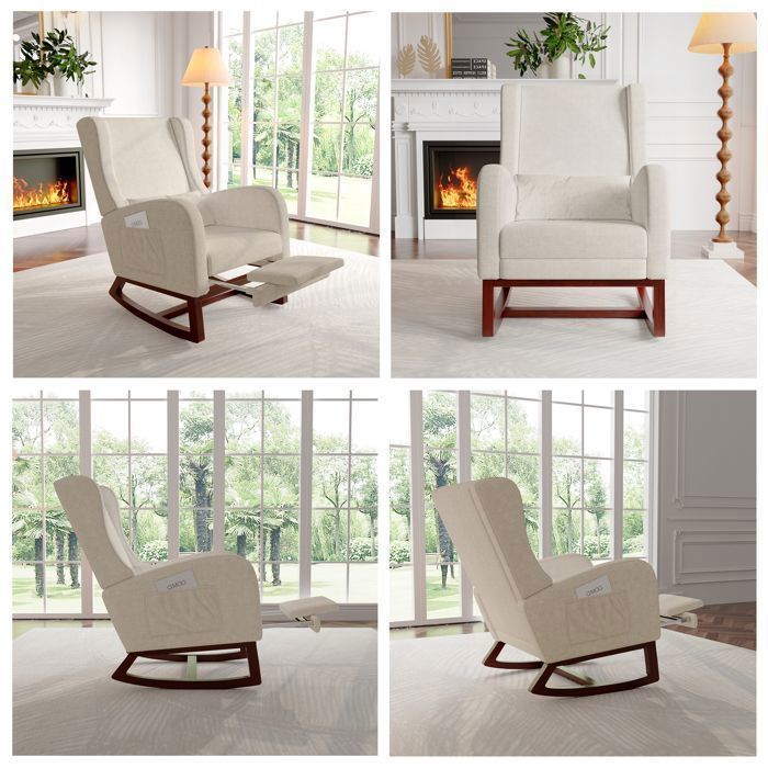 Fauteuil à Bascule - SOMUBI - Rocking Chair - Tissu Beige - Repose-jambes Télescopique - Poches de Rangement