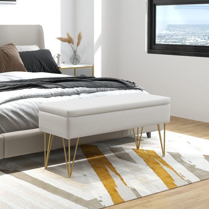 Banco para cama - HOMCOM - Banco 2 em 1 com arrumação e pés em aço dourado estilo hairpin - linho - 100x40x49cm - creme