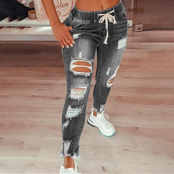Jeans Femmes - FUNMOON - Bande Élastique Stretch Liens À La Taille - Gris - Slim - Fit Casual/Ville/Plein Air