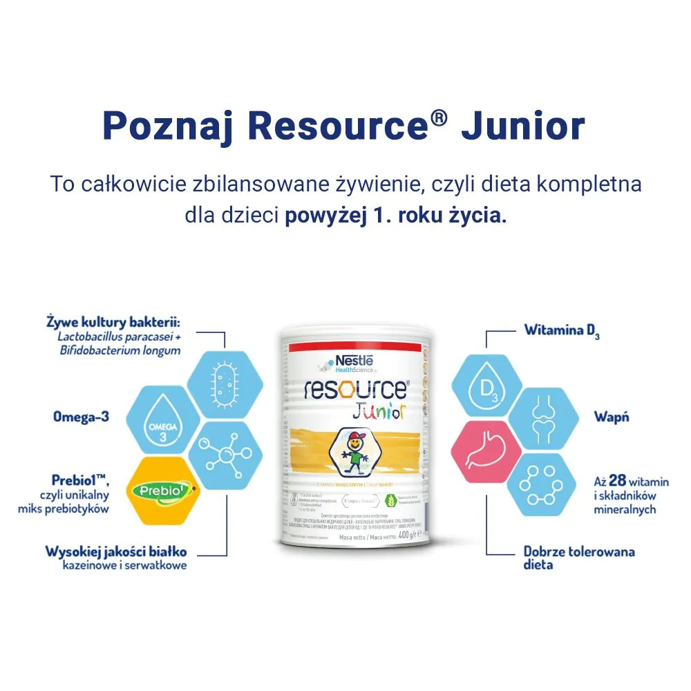 Resource Junior, Dieta w proszku przeznaczona dla dzieci powyżej 1. roku życia, Smak waniliowy