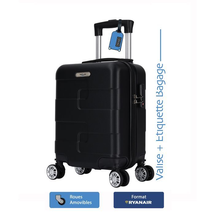 Mala de cabine Ryanair 40x30x20 cm – ABS rígido e leve – 4 rodas duplas removíveis – Preta – Carrinho ADC – Etiqueta de bagagem grátis