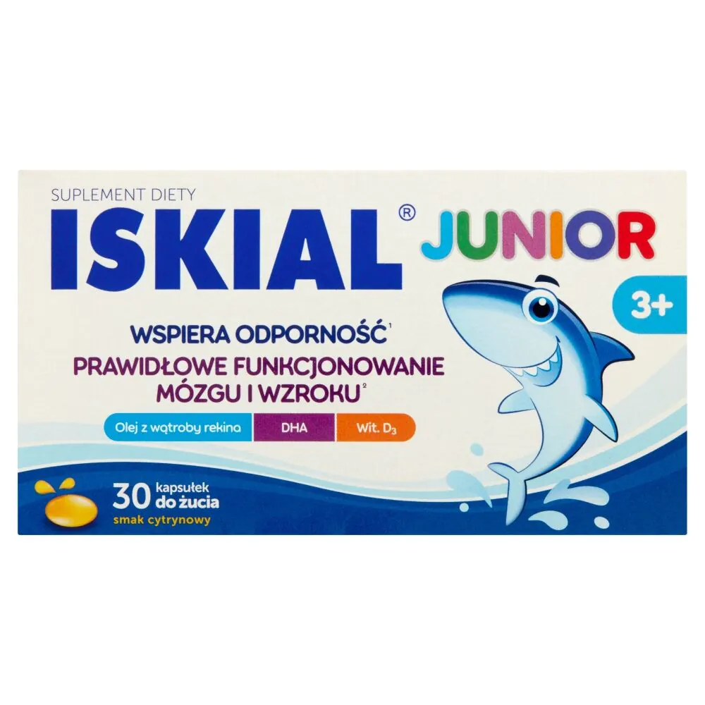 Iskial Junior, Wsparcie odporności dla dzieci od 3. roku życia, Kapsułki do żucia, Smak cytrynowy