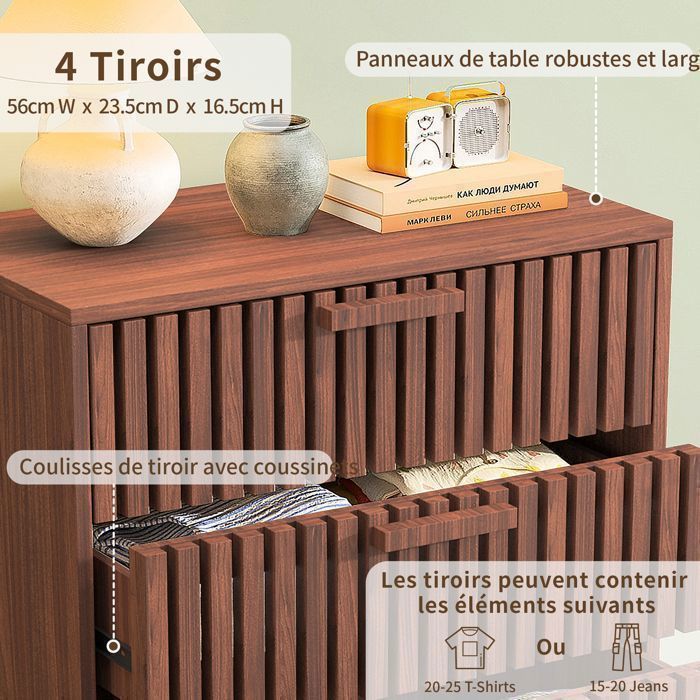 Commode 4 tiroirs, Commode Chambre Adulte 60x34x91cm, Meuble de Rangement en Bois, pour Salon, Chambre et Couloir, Bois noyer