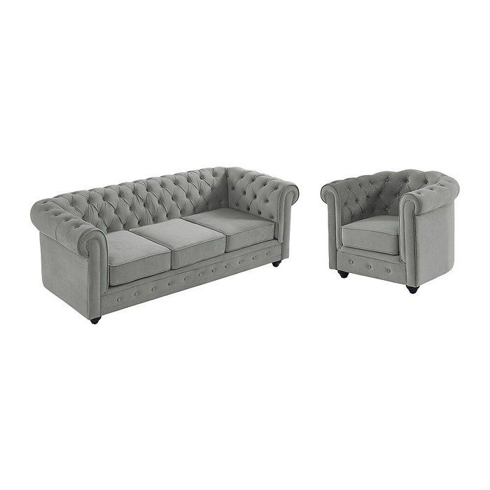 Sofá de 3 plazas y sillón CHESTERFIELD - Terciopelo gris claro
