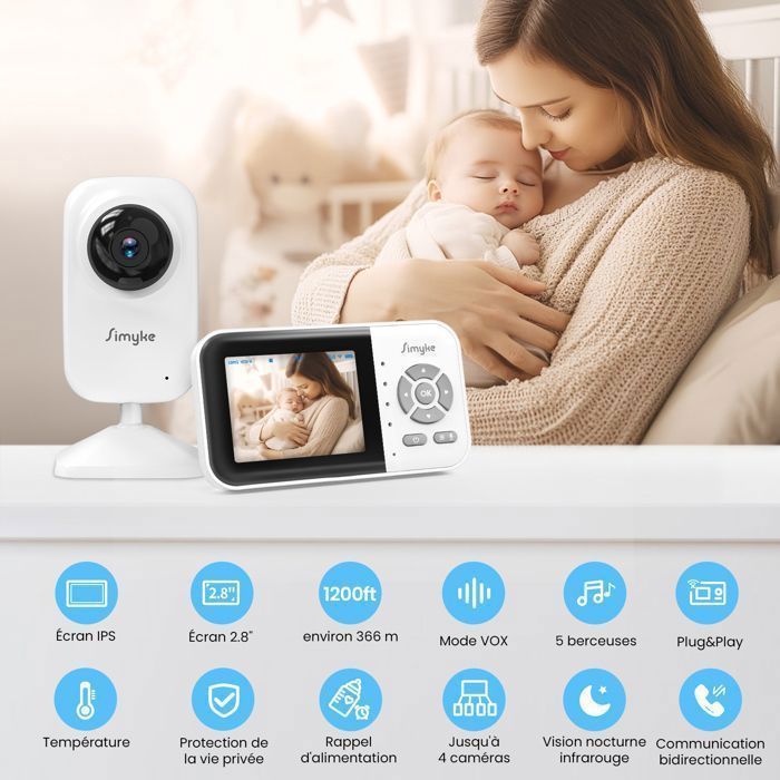 Monitor de vídeo para bebês Simyke com Wi-Fi, 2 câmeras, tela LCD de 2,8