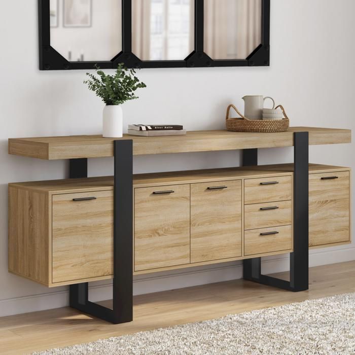 IDMARKET 180 cm PHOENIX XXL dressoir met 4 deuren en 3 lades, hout en zwart