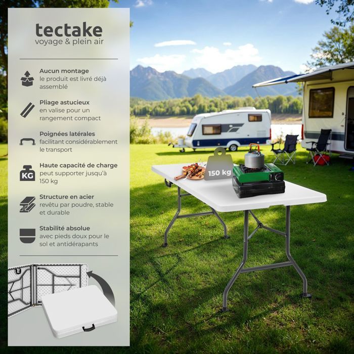 Mesa de camping - TECTAKE - Mesa plegable con correa de transporte incluida y patas antideslizantes 183 x 76 x 74 cm - Blanca