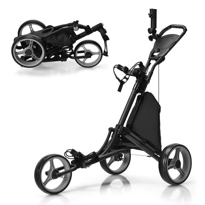 COSTWAY 6-Wheel Folding Golf Trolley with Elastic Strap, Adjustable Umbrella Holder and Cup Holder, Aluminum-Coated Bag, Gray