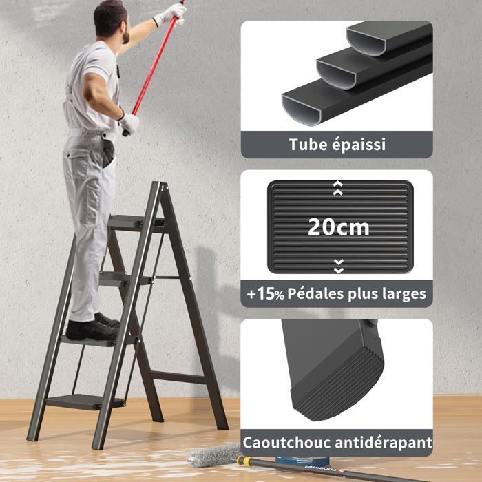 Escalera plegable de 3 peldaños con almohadillas de goma antideslizantes, capacidad de carga de 150 kg, color negro.