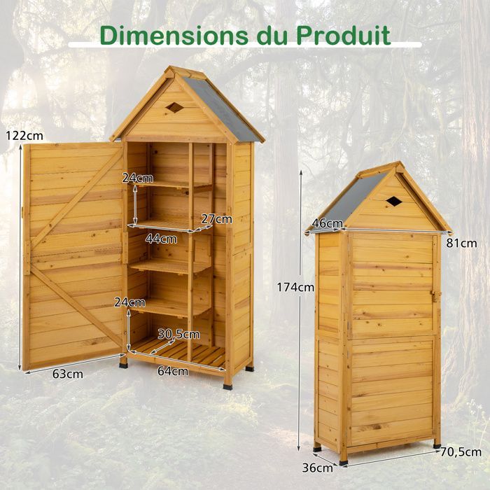 COSTWAY Fir Wood Garden Storage Cabinet - Lockable Door, 4 Removable Shelves, Floor - Sloping Roof - Ventilation