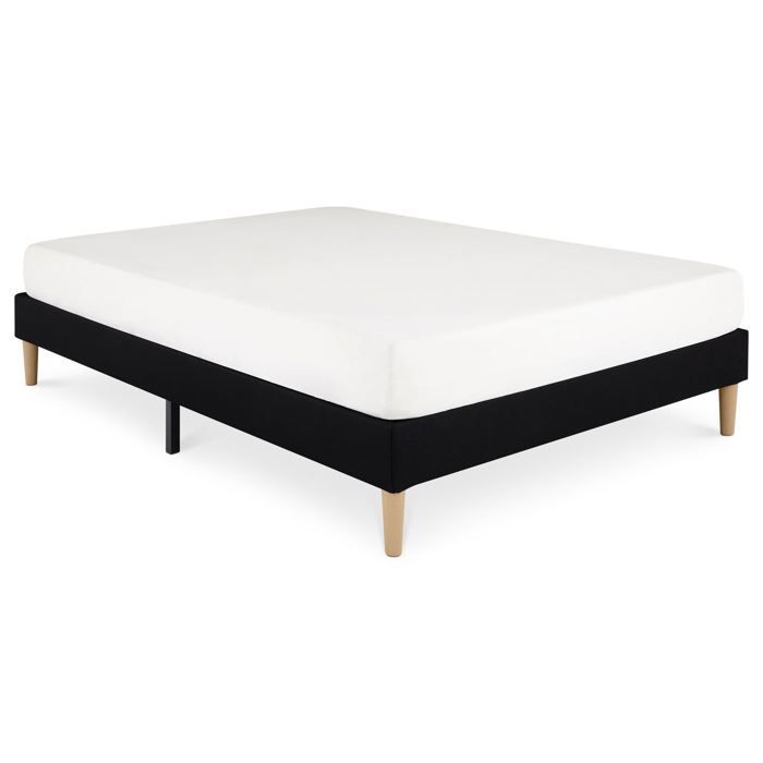 QUIMPER gestoffeerde bedbodem 140 x 190 cm, houten frame en zwarte stoffen bekleding, bedframe met poten