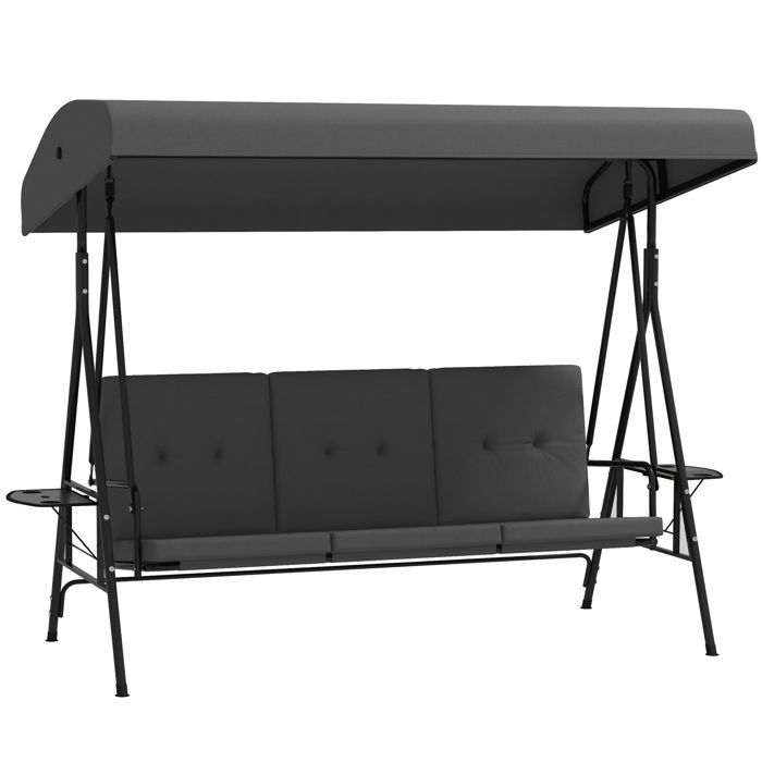 Garden swing - Outsunny - 3-seater - adjustable roof tilt - 2 side tables, cushions - steel - dark grey